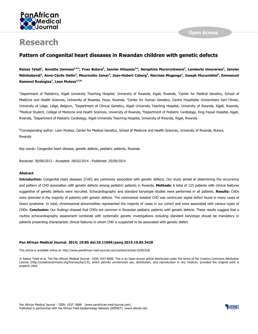 Pattern of Congenital Heart Diseases in Rwandan Children with Genetic Defects