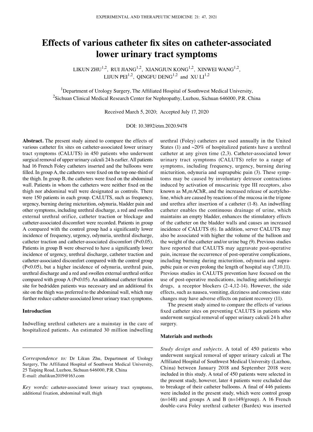 Effects of Various Catheter Fix Sites on Catheter‑Associated Lower Urinary Tract Symptoms