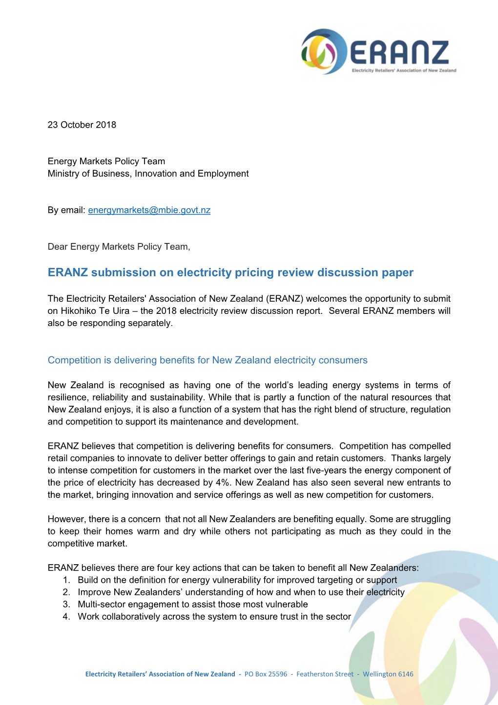 ERANZ Submission on Electricity Pricing Review Discussion Paper