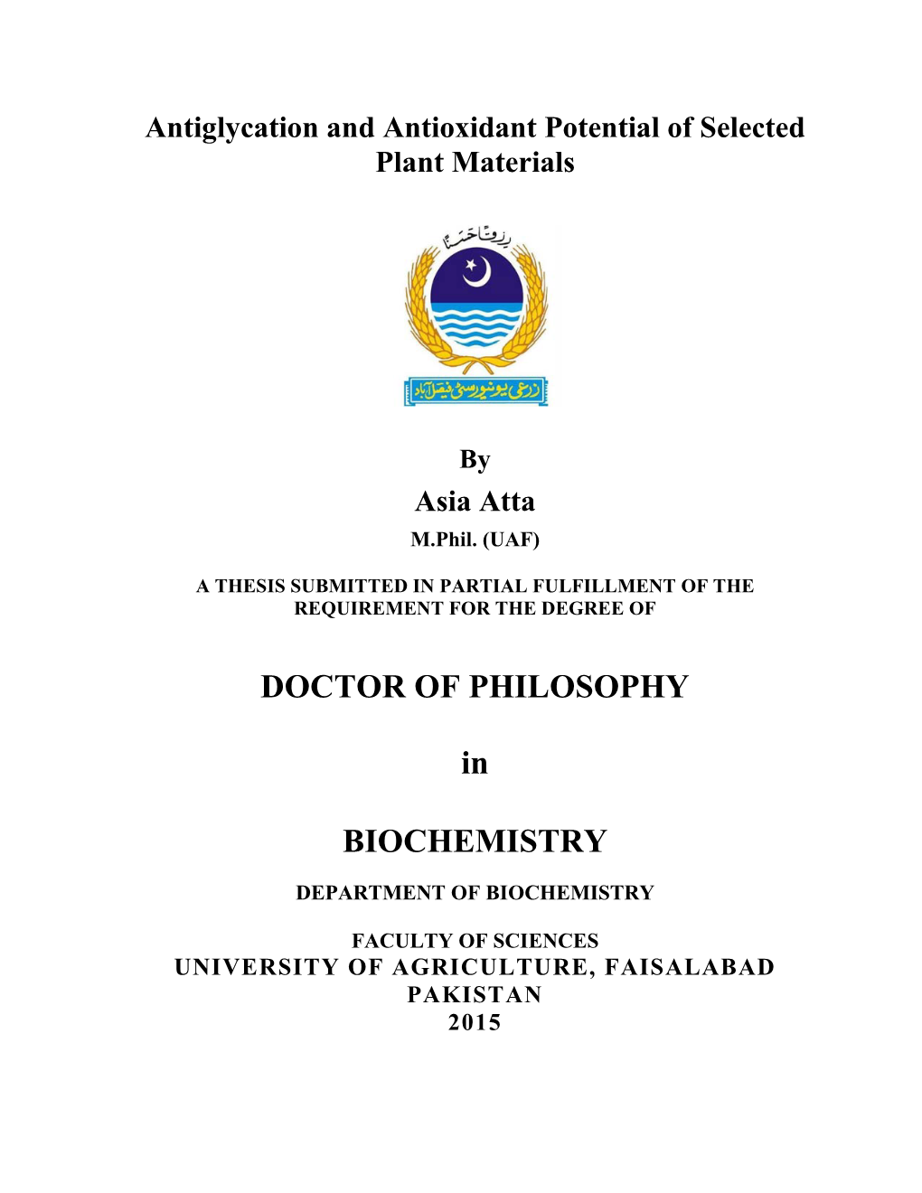 DOCTOR of PHILOSOPHY in BIOCHEMISTRY