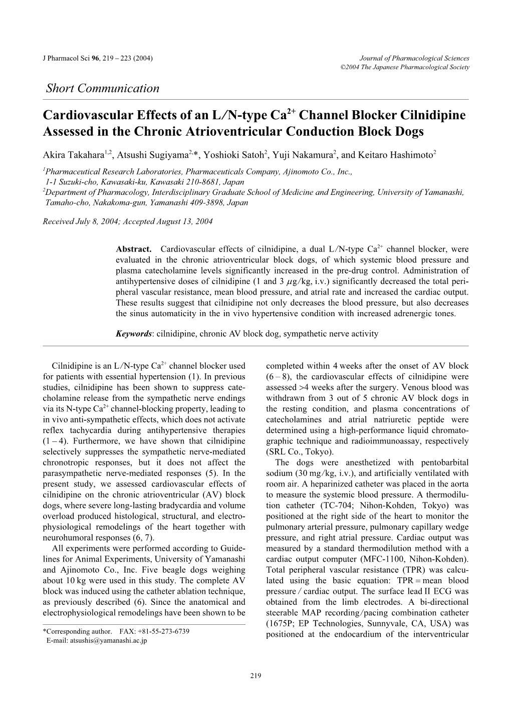 Cardiovascular Effects of an L/N-Type Ca Channel Blocker Cilnidipine