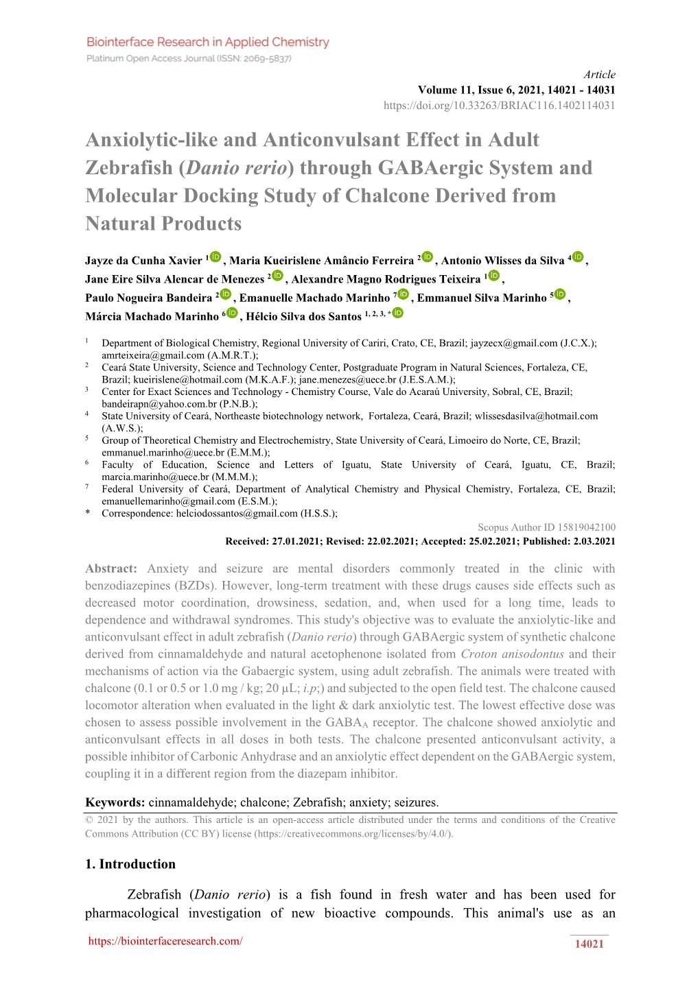 Danio Rerio) Through Gabaergic System and Molecular Docking Study of Chalcone Derived from Natural Products