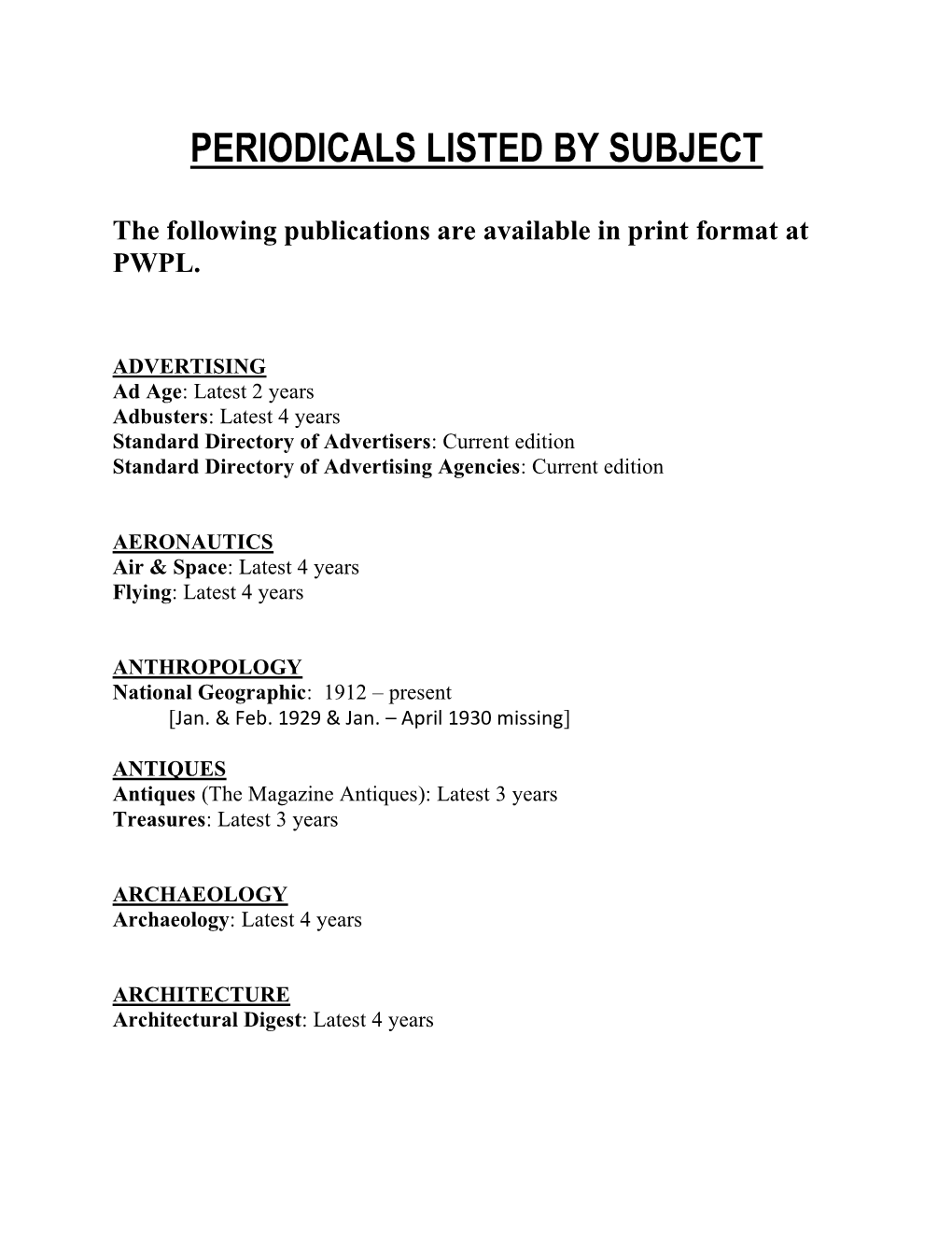 Subject List of Periodicals As of 11/20/20