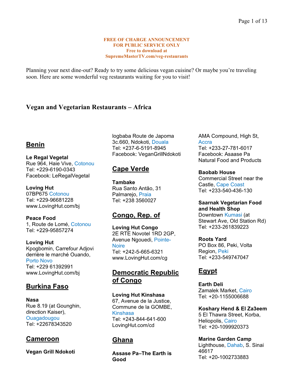 Vegan and Vegetarian Restaurants – Africa
