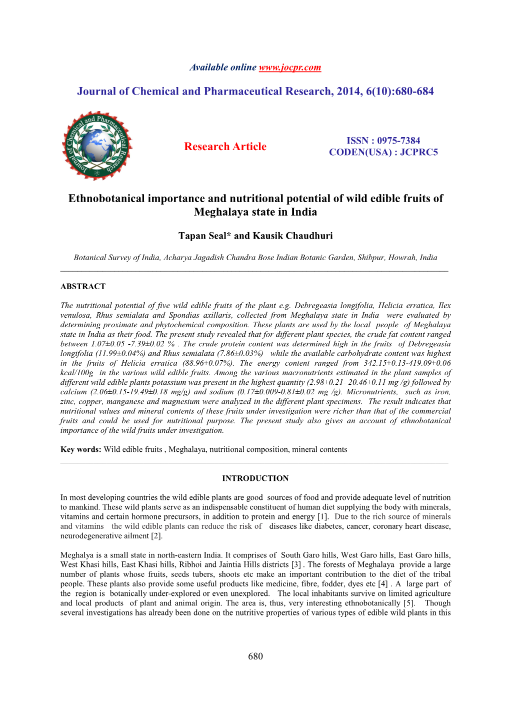 Ethnobotanical Importance and Nutritional Potential of Wild Edible Fruits of Meghalaya State in India