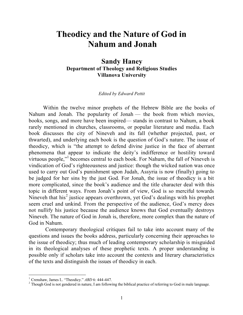 Theodicy and the Nature of God in Nahum and Jonah