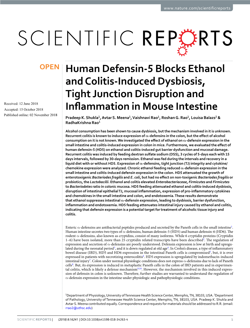 Human Defensin-5 Blocks Ethanol and Colitis-Induced Dysbiosis, Tight