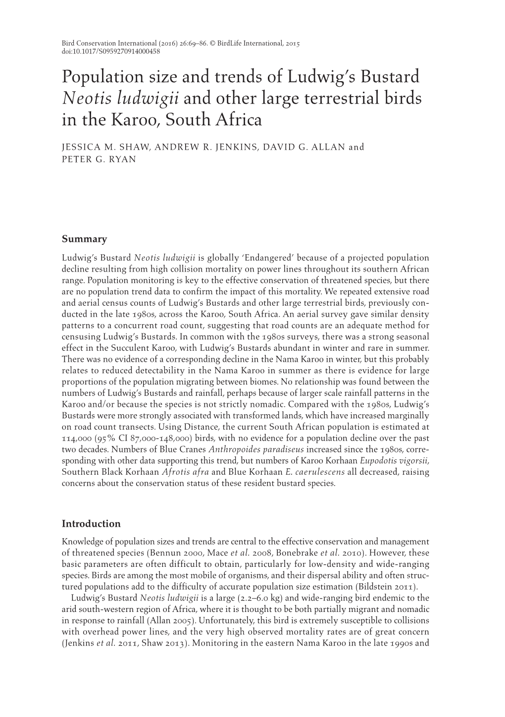 Population Size and Trends of Ludwig's Bustard Neotis Ludwigii and Other