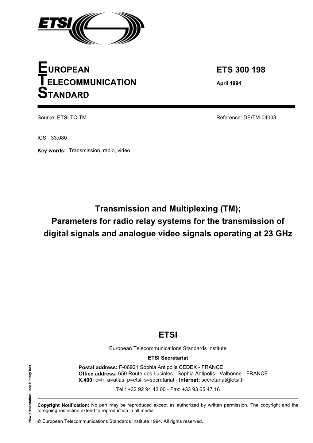 Parameters for Radio Relay Systems for the Transmission of Digital Signals and Analogue Video Signals Operating at 23 Ghz