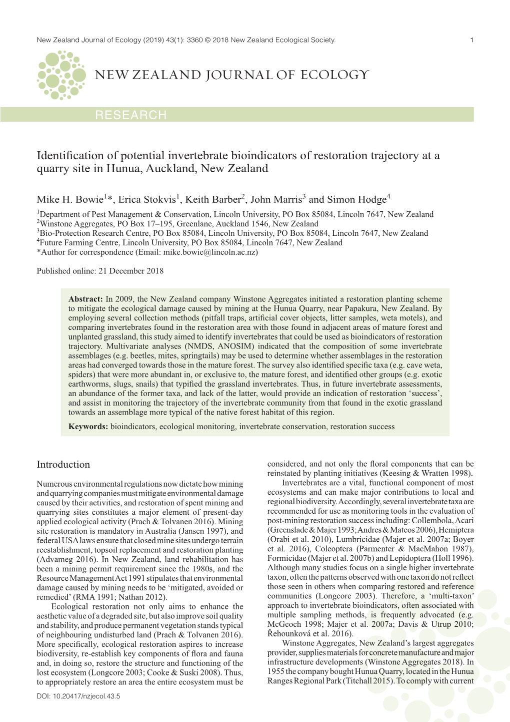 RESEARCH Identification of Potential Invertebrate Bioindicators Of