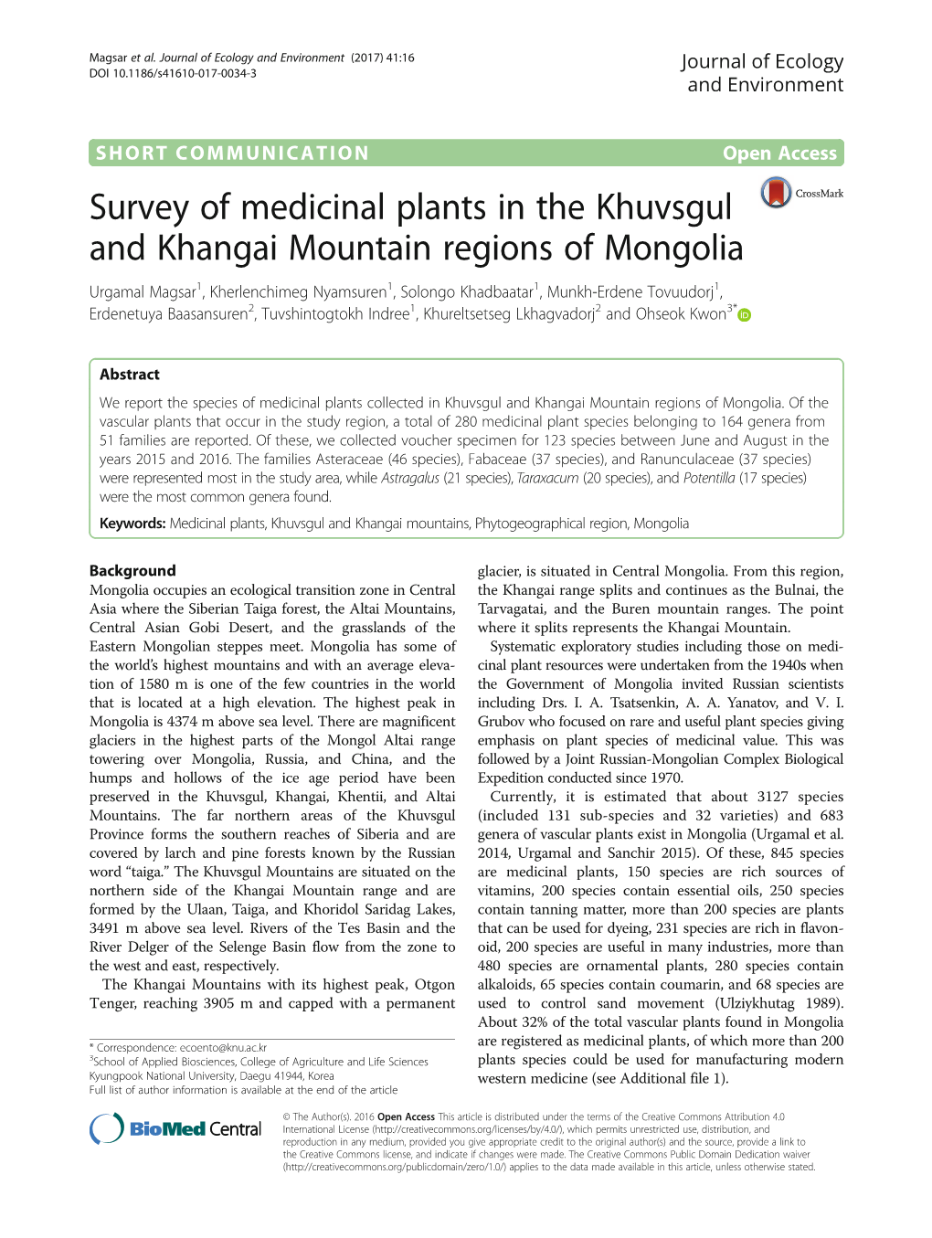Survey of Medicinal Plants in the Khuvsgul and Khangai Mountain