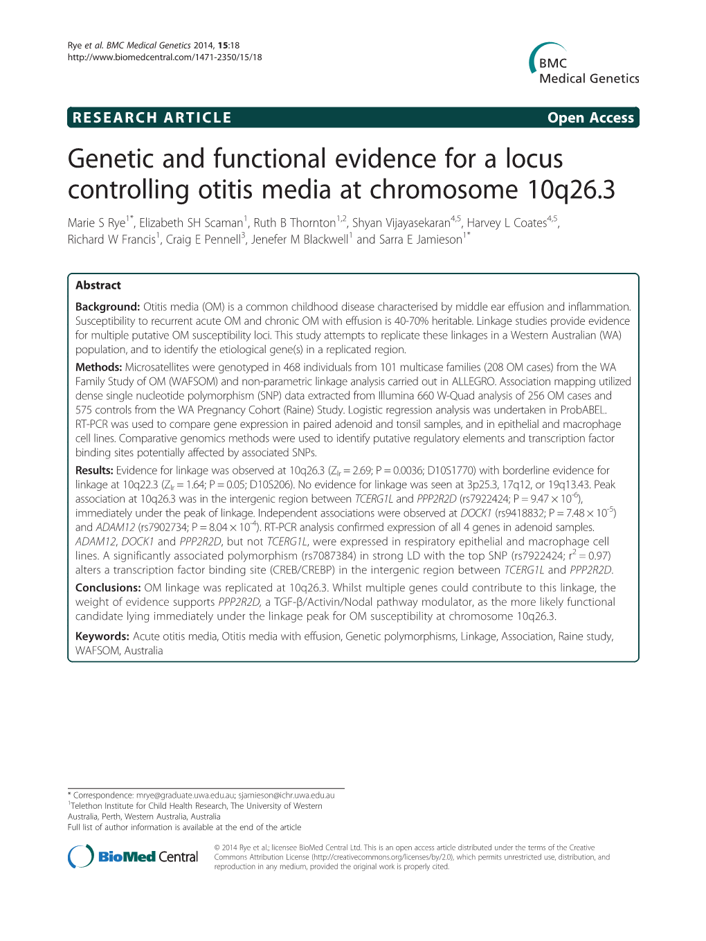 Genetic and Functional Evidence for a Locus Controlling Otitis Media At