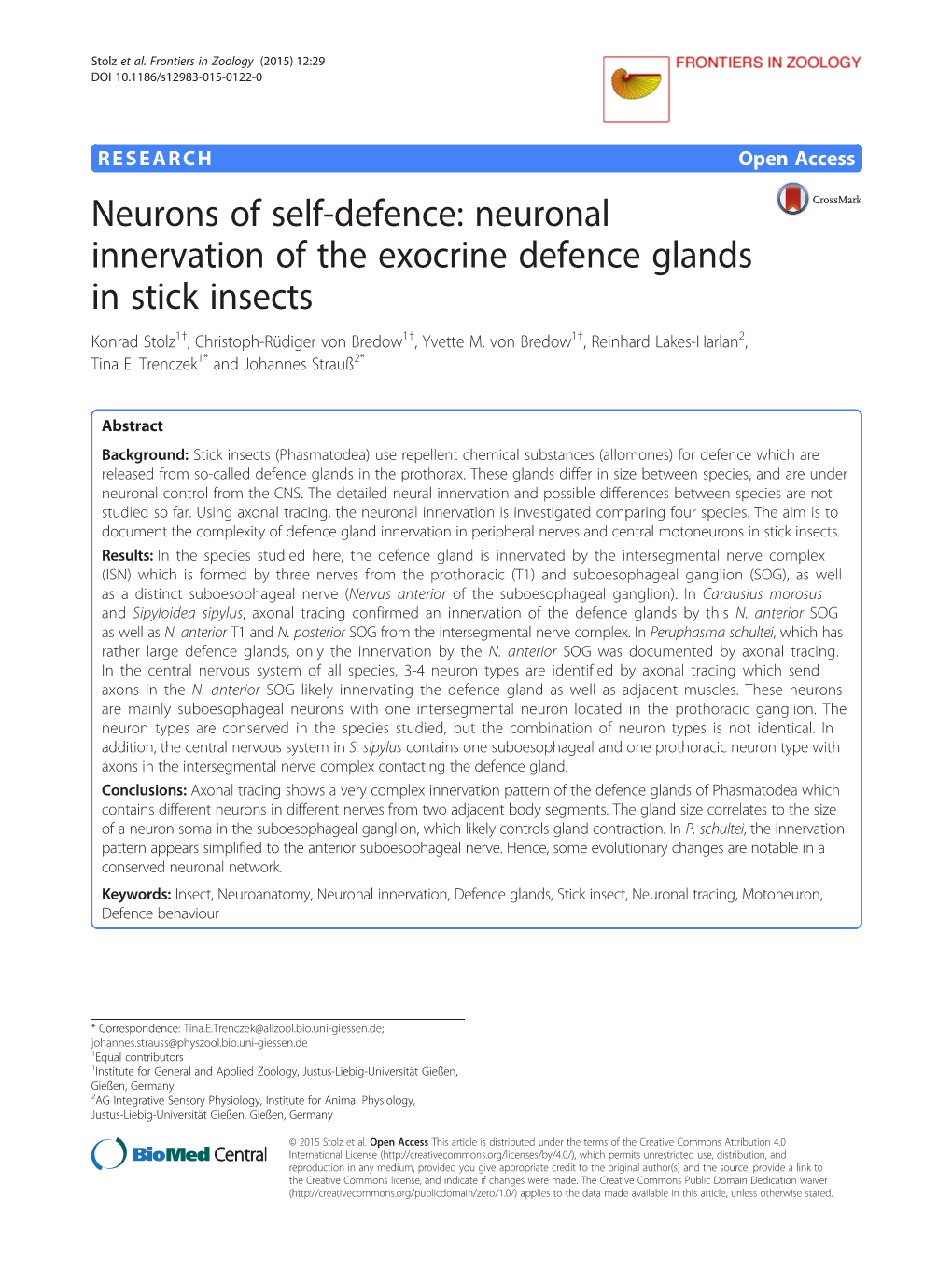 Neuronal Innervation of the Exocrine Defence Glands in Stick Insects Konrad Stolz1†, Christoph-Rüdiger Von Bredow1†, Yvette M