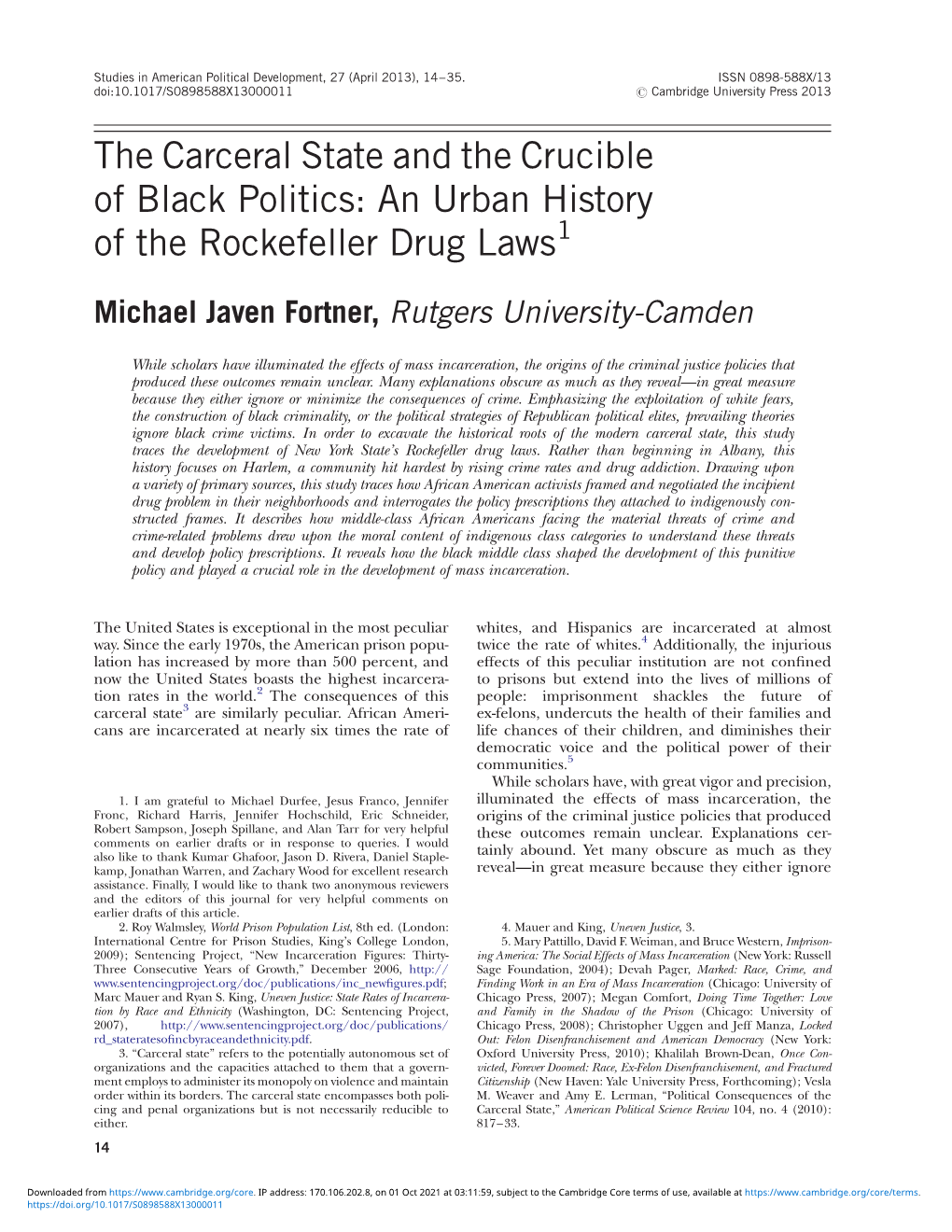 The Carceral State and the Crucible of Black Politics: an Urban History of the Rockefeller Drug Laws1