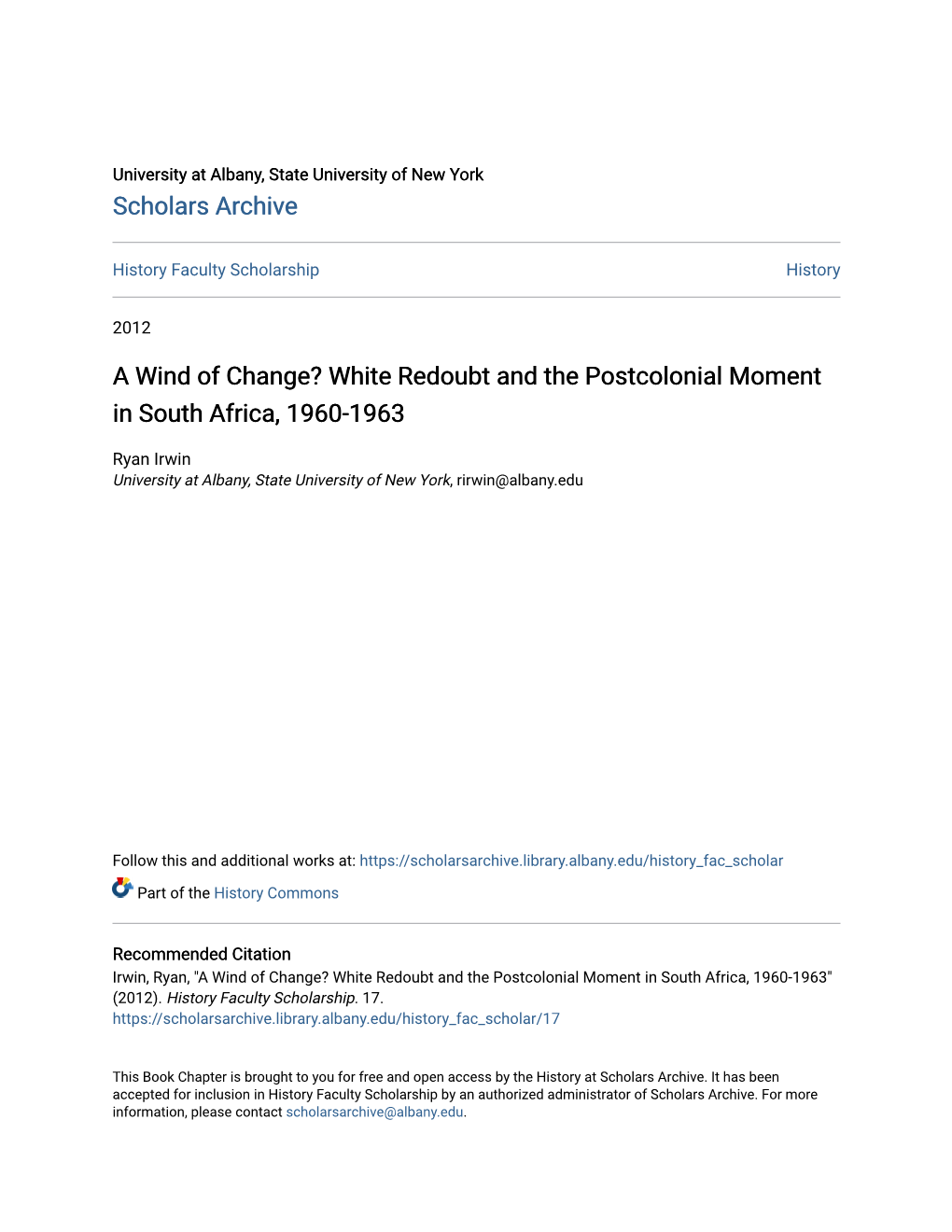 A Wind of Change? White Redoubt and the Postcolonial Moment in South Africa, 1960-1963