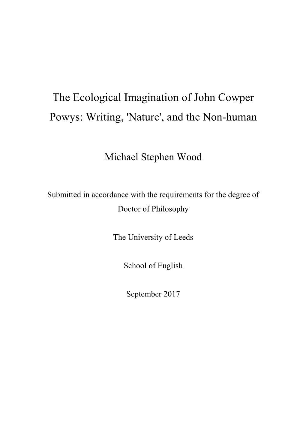 The Ecological Imagination of John Cowper Powys: Writing, 'Nature', and the Non-Human