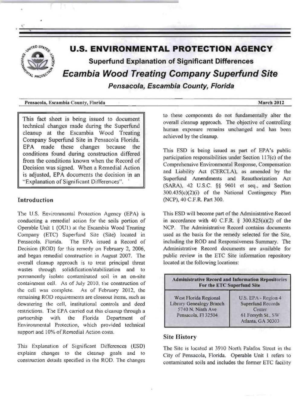 Superfund Explanation of Significant Differences %P«O^%/ Eoambia Wood Treating Company Superfund Site Pensaco/A, Escambia County, Florida