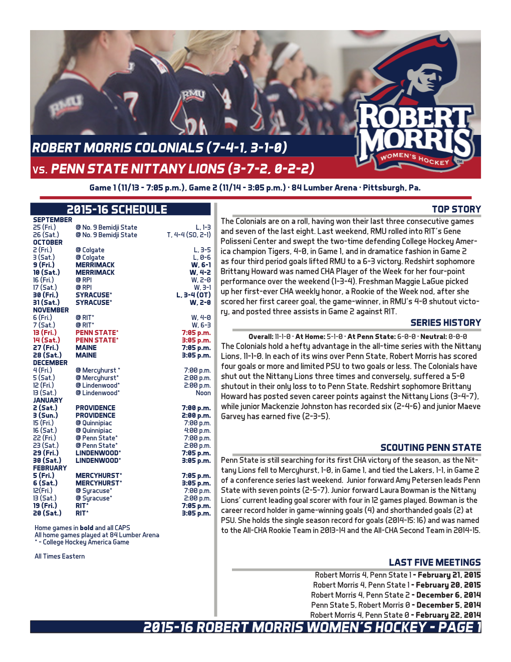 2015-16 Robert Morris Women's Hockey Robert Morris Combined Team Statistics (As of Nov 11, 2015) All Games