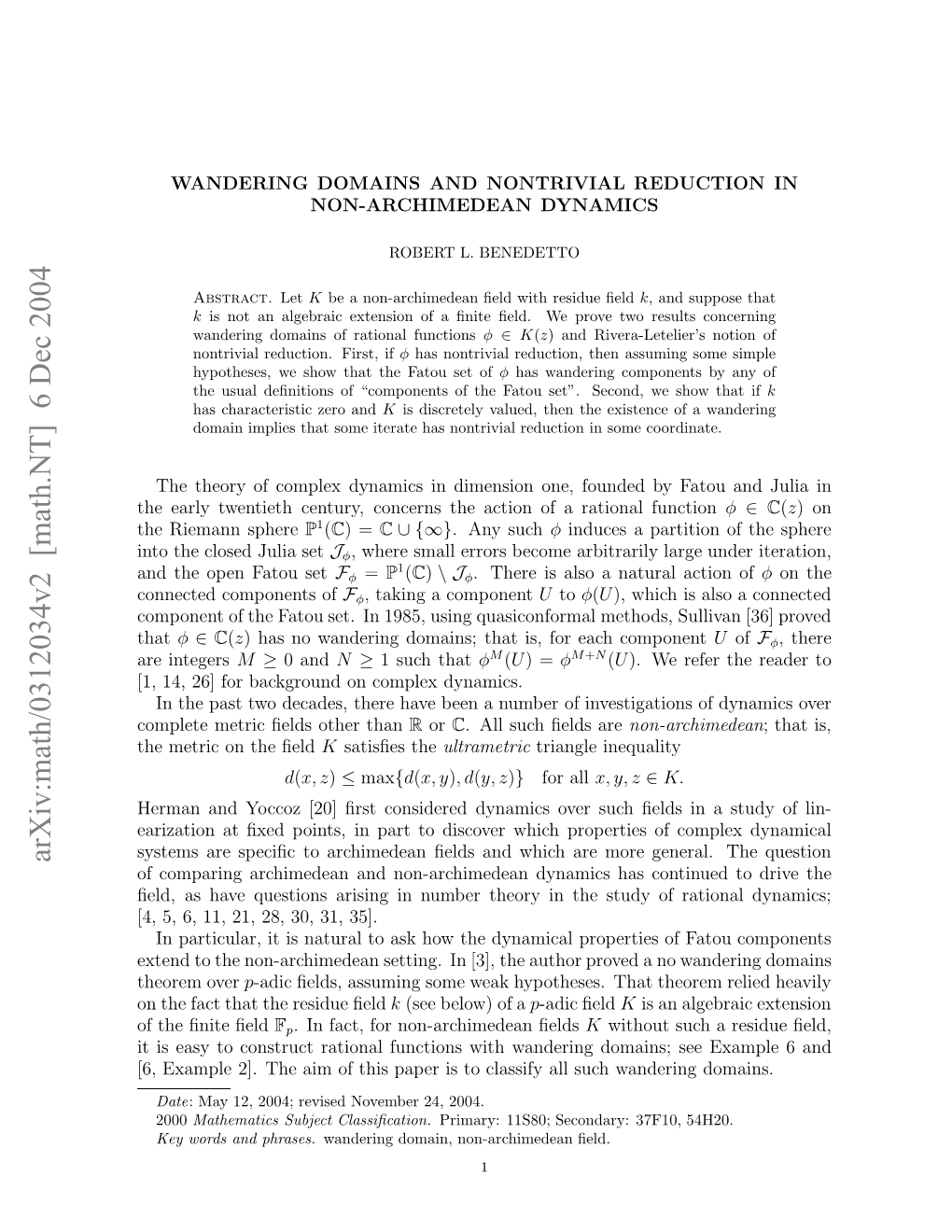 [Math.NT] 6 Dec 2004 Xedt H O-Rhmda Etn.I 3,Teato Proved Author Ratio the [3], of Over in Theorem Study Setting