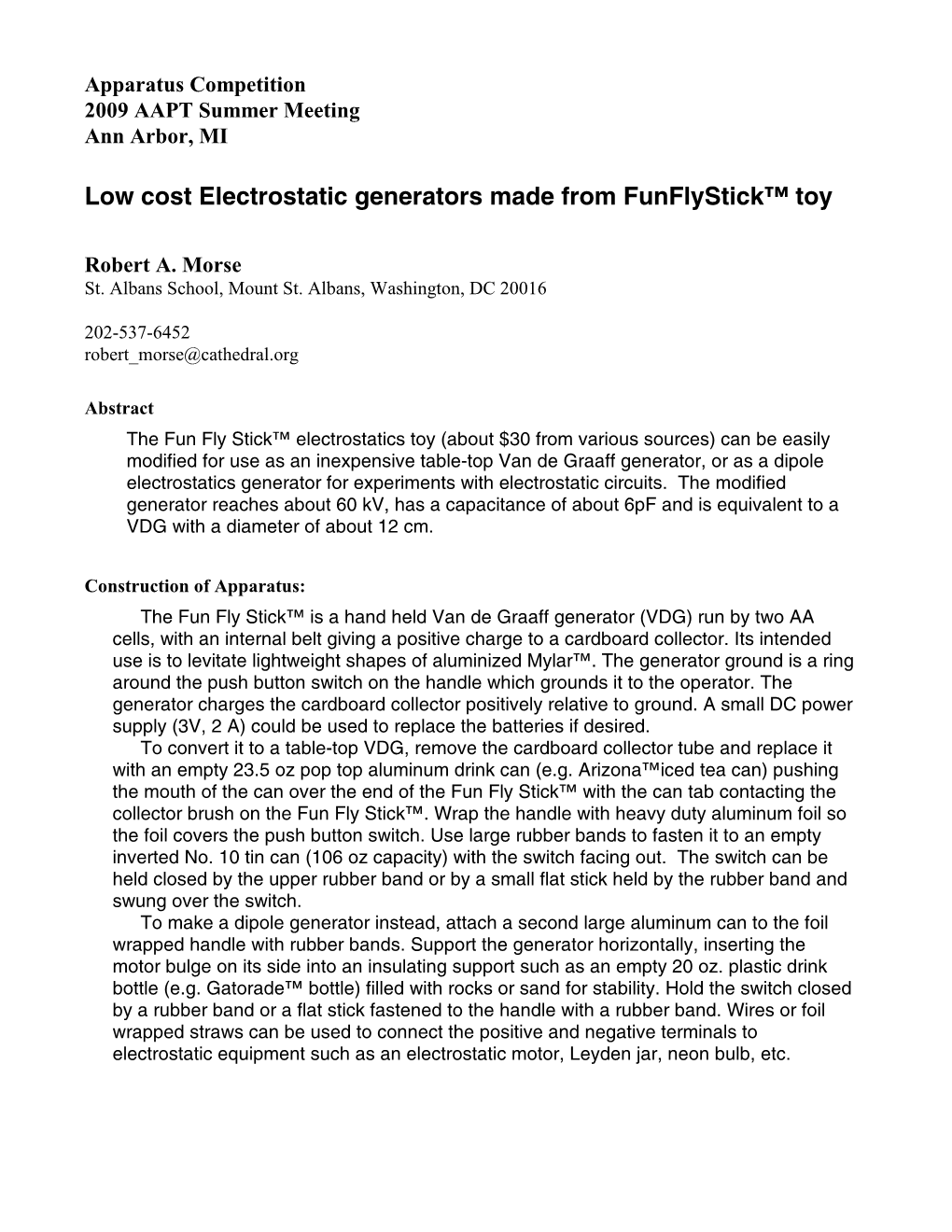 Low Cost Electrostatic Generators Made from Funflystick™ Toy