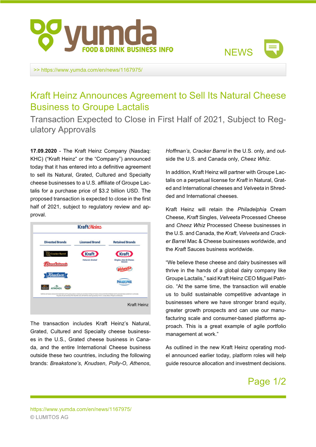 NEWS Page 1/2 Kraft Heinz Announces Agreement to Sell Its