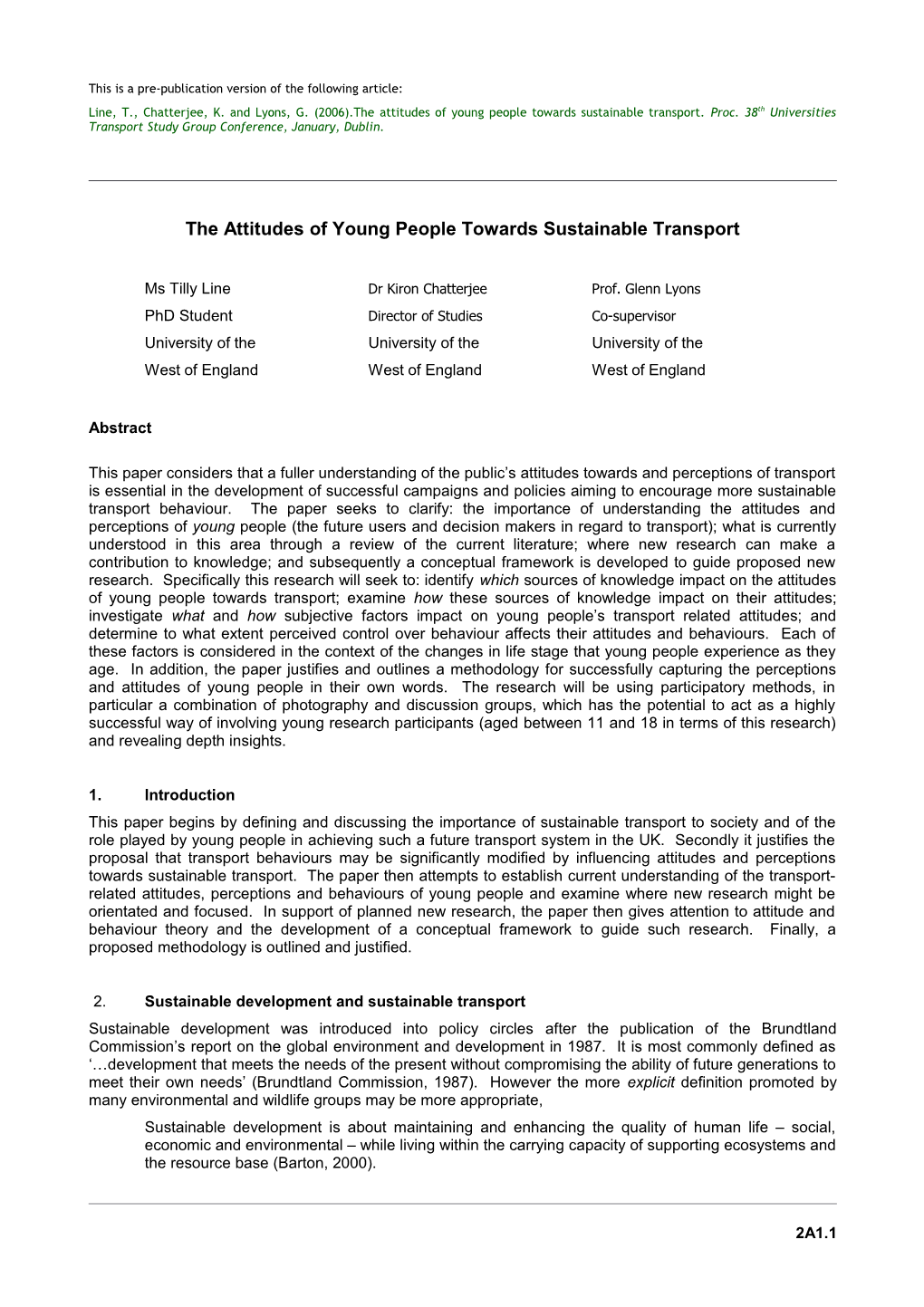 The Attitudes of Young People Towards Sustainable Transport