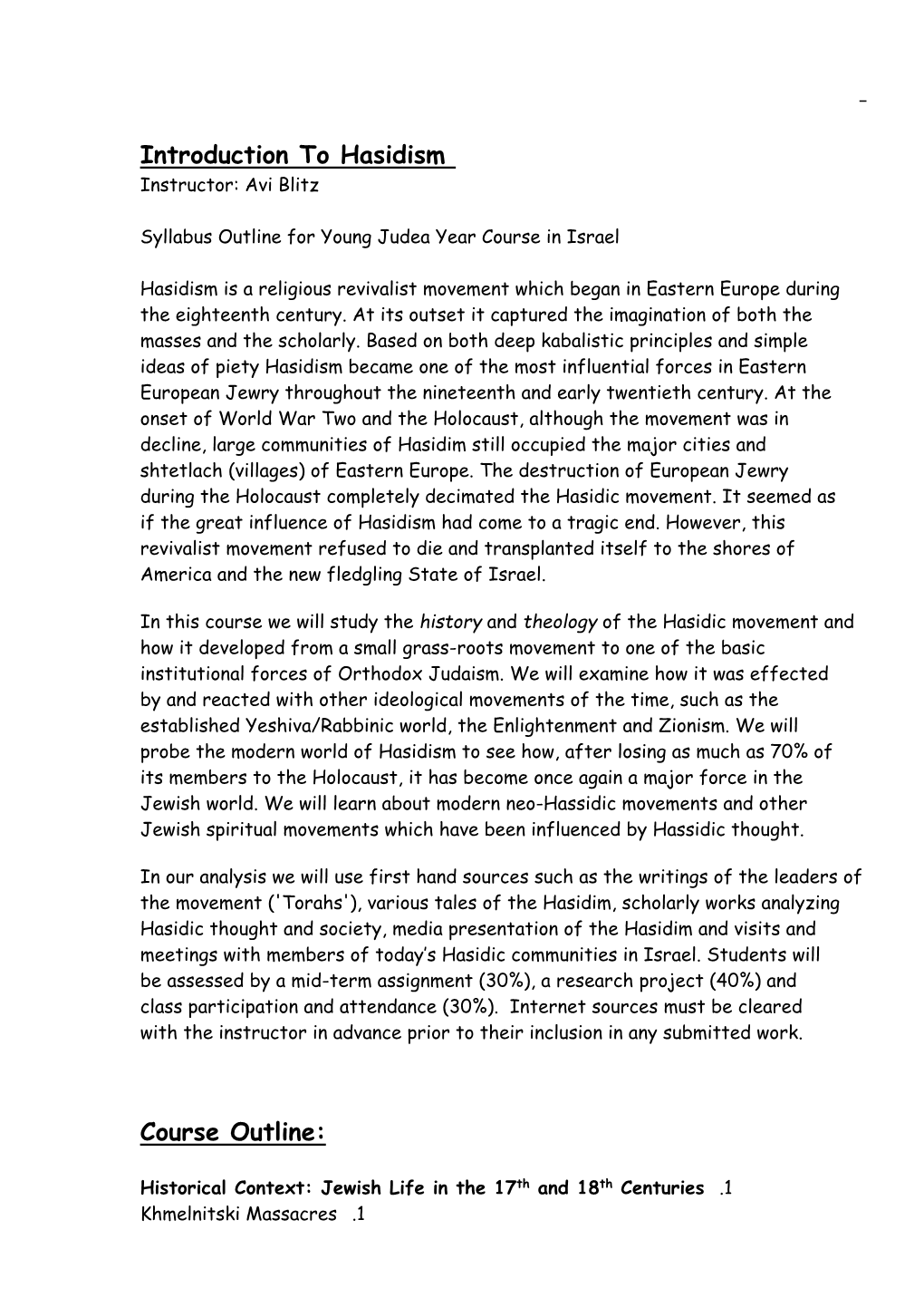 Introduction to Hasidism Course Outline