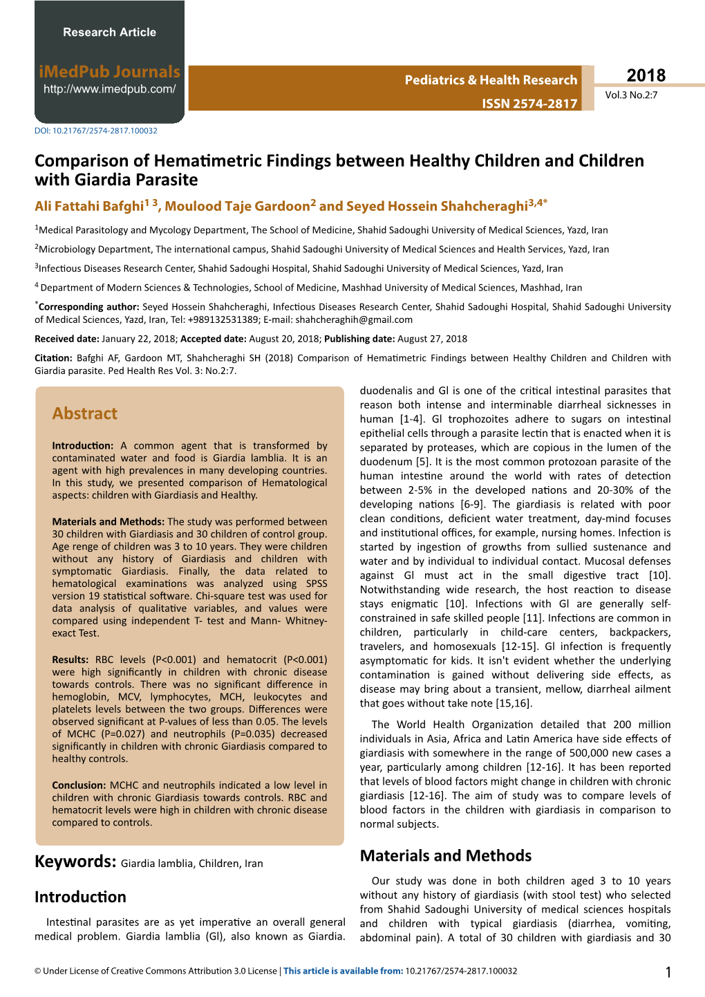 Comparison of Hematimetric Findings Between Healthy Children and Children with Giardia Parasite