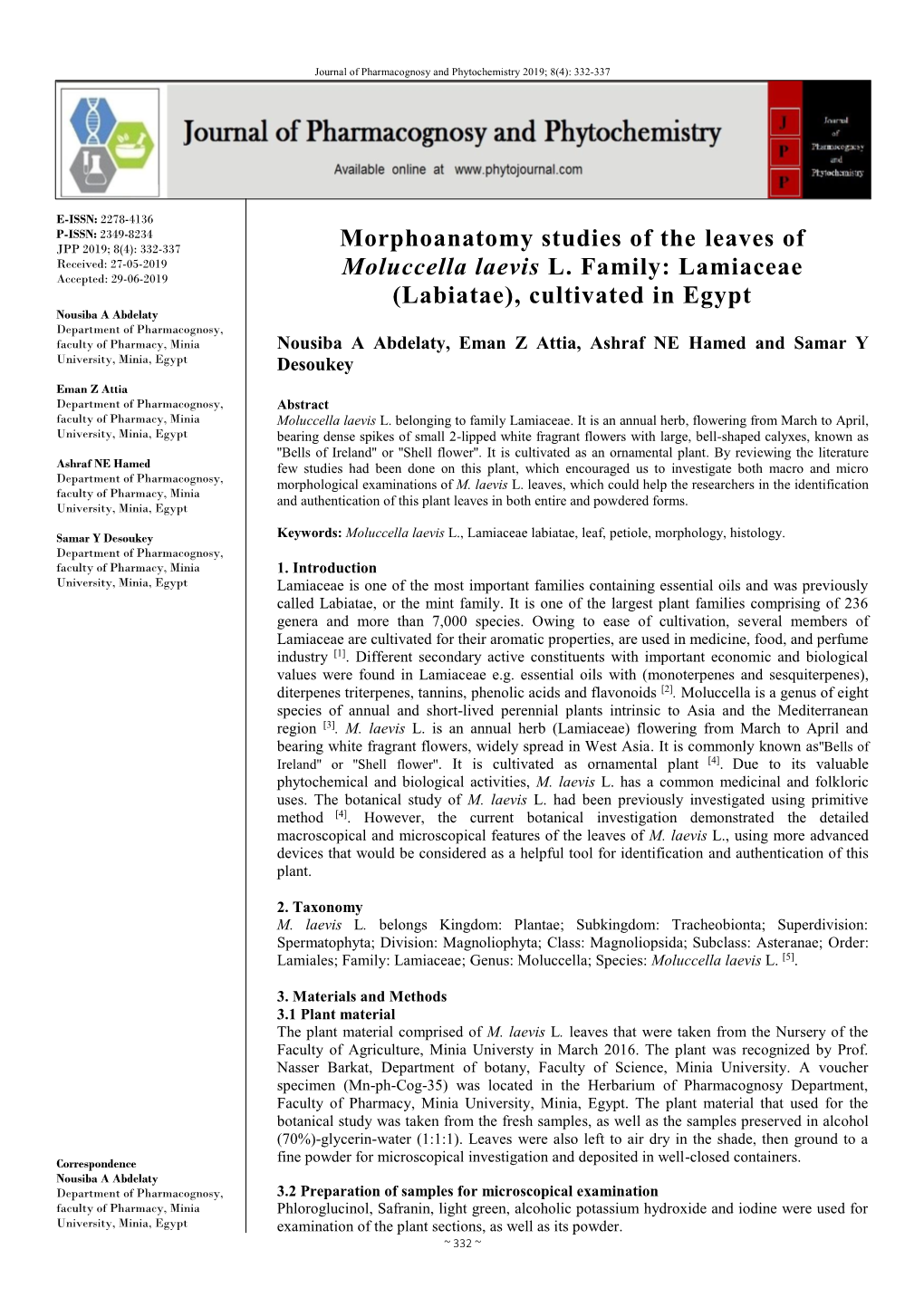 Morphoanatomy Studies of the Leaves of Moluccella Laevis L. Family