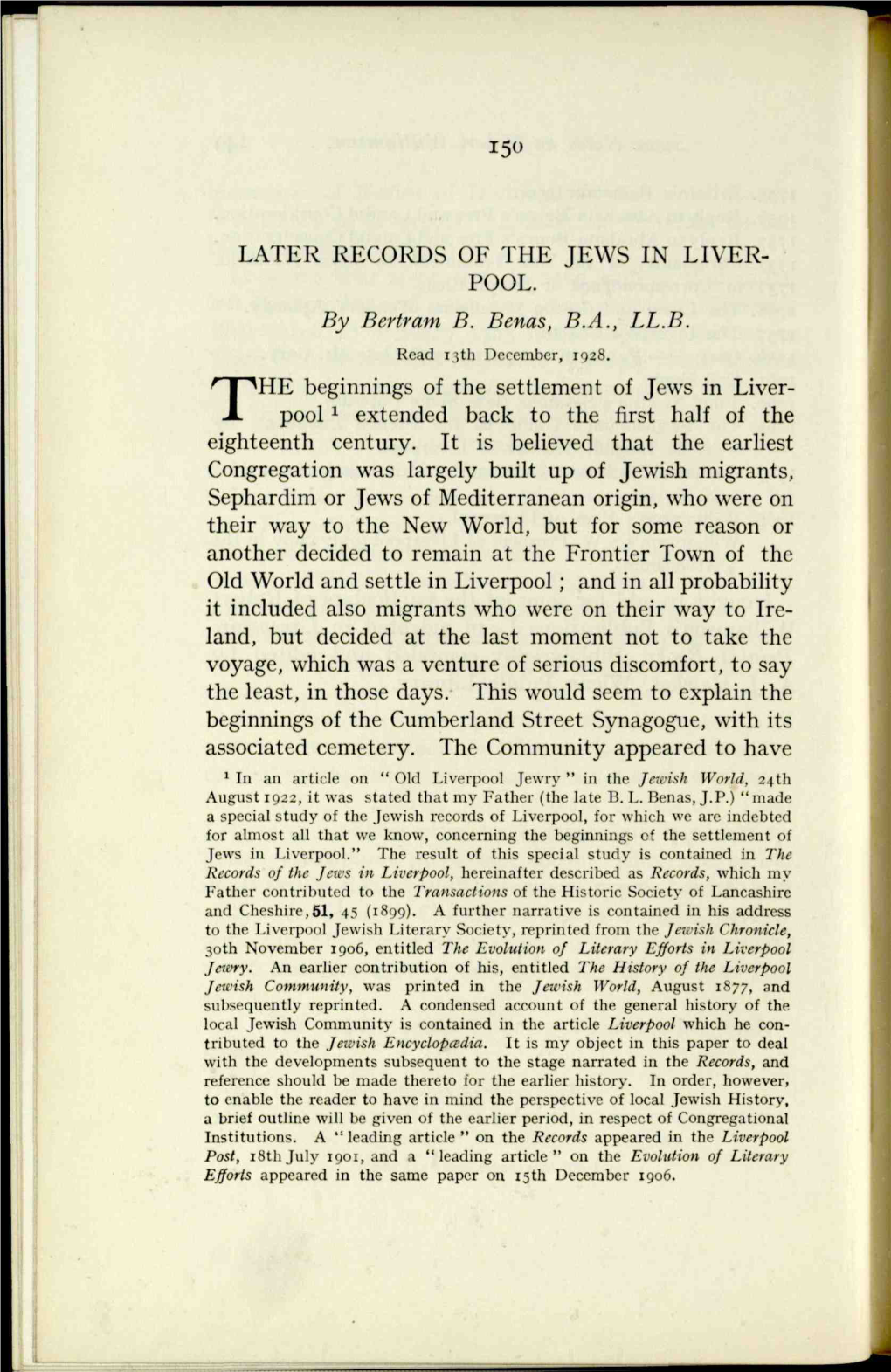 Later Records of the Jews in Liverpool