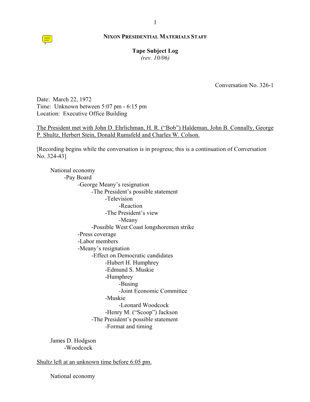 EOB #326: March 22-24, 1972 [Complete Tape Subject Log]