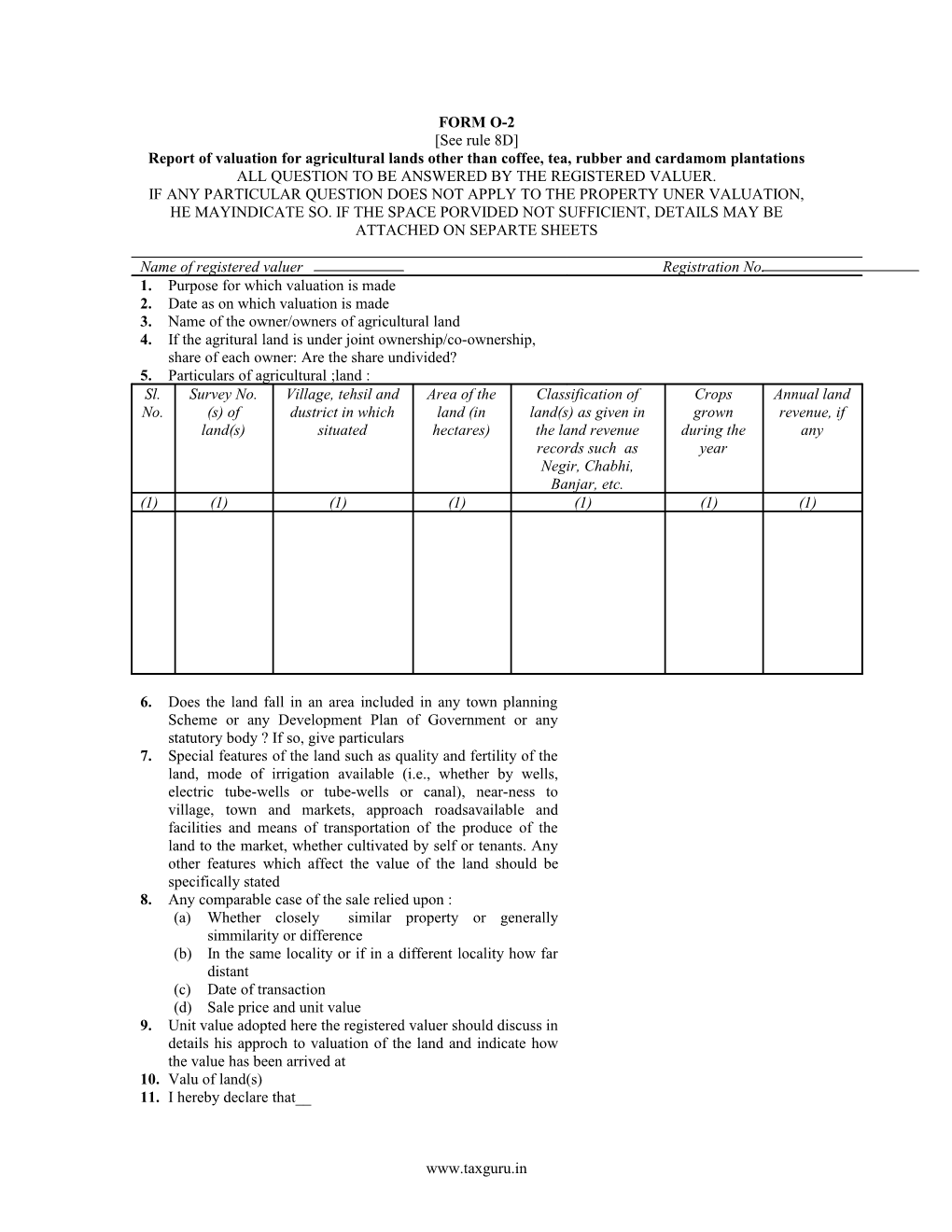 Report of Valuation for Agricultural Lands Other Than Coffee, Tea, Rubber and Cardamom