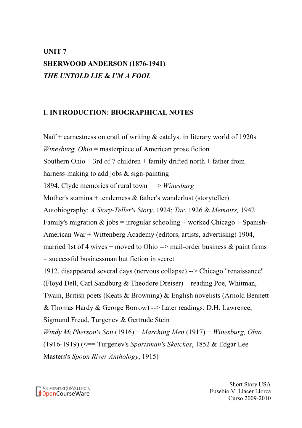 Sherwood Anderson (1876-1941) the Untold Lie & I'm a Fool