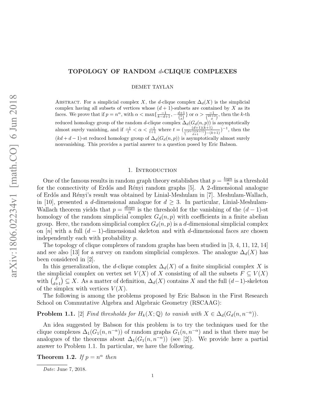 TOPOLOGY of RANDOM D-CLIQUE COMPLEXES 3