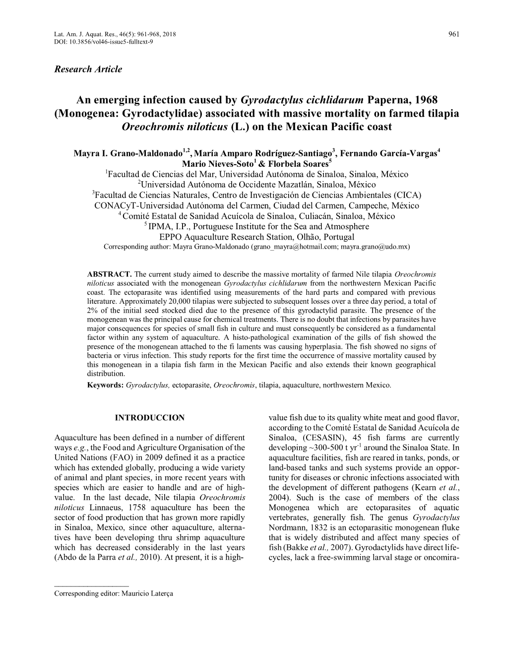 An Emerging Infection Caused by Gyrodactylus Cichlidarum Paperna