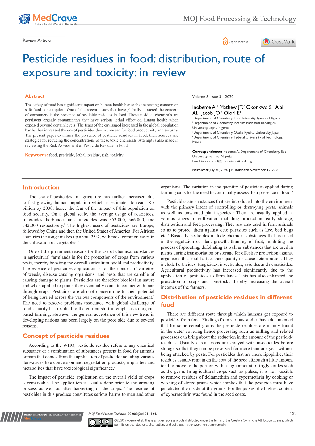 Pesticide Residues in Food: Distribution, Route of Exposure and Toxicity: in Review