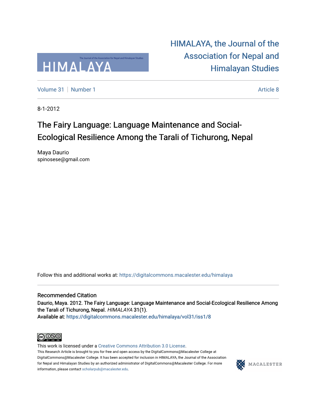Language Maintenance and Social-Ecological Resilience Among the Tarali of Tichurong, Nepal