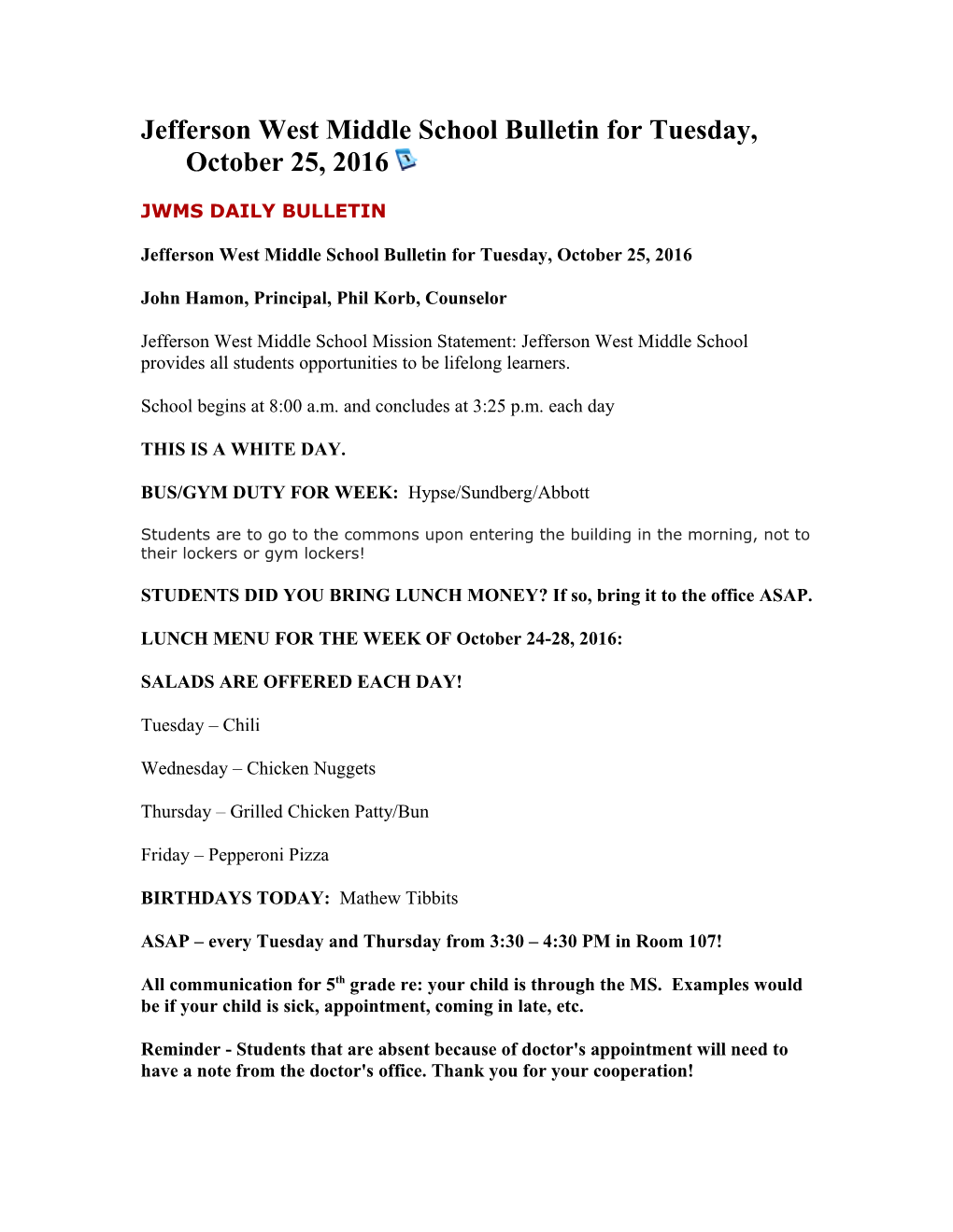 Jwms Daily Bulletin