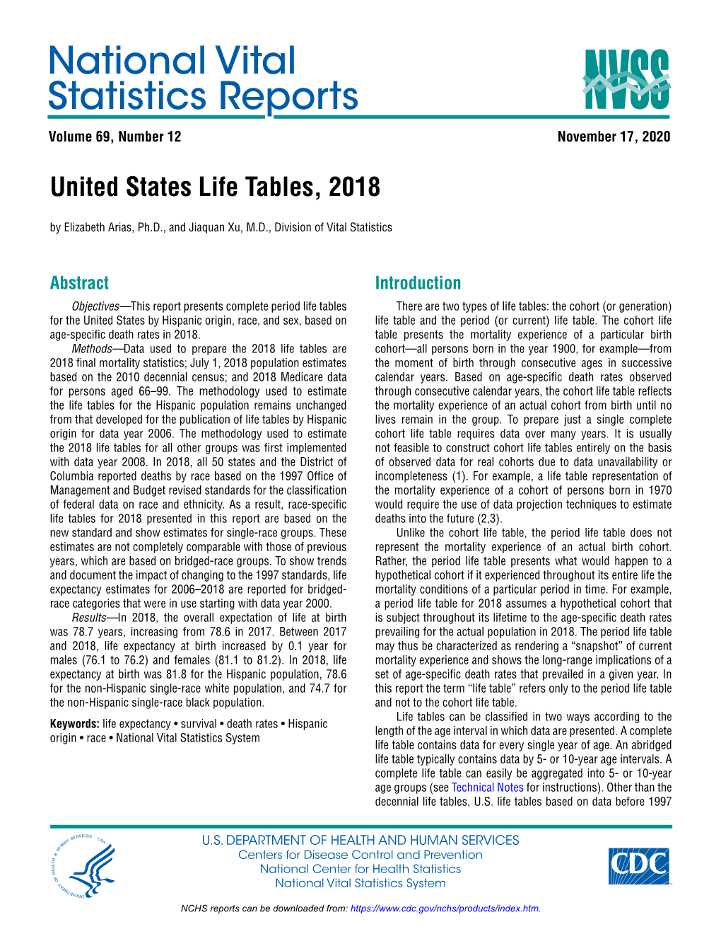 National Vital Statistics Reports Volume 69, Number 12 November 17, 2020