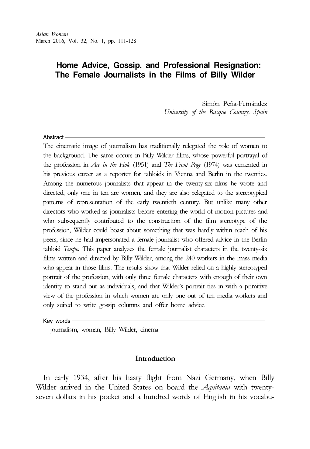 Home Advice, Gossip, and Professional Resignation: the Female Journalists in the Films of Billy Wilder