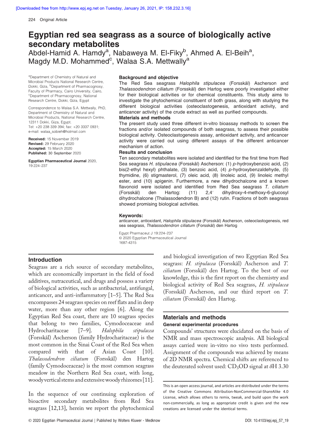 Egyptian Red Sea Seagrass As a Source of Biologically Active Secondary Metabolites Abdel-Hamid A