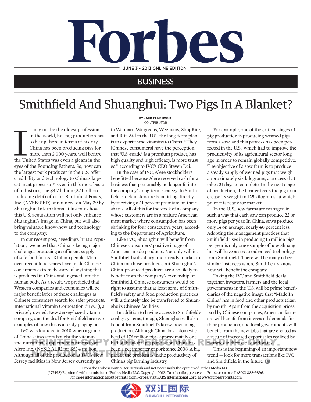 Smithfield and Shuanghui: Two Pigs in a Blanket?
