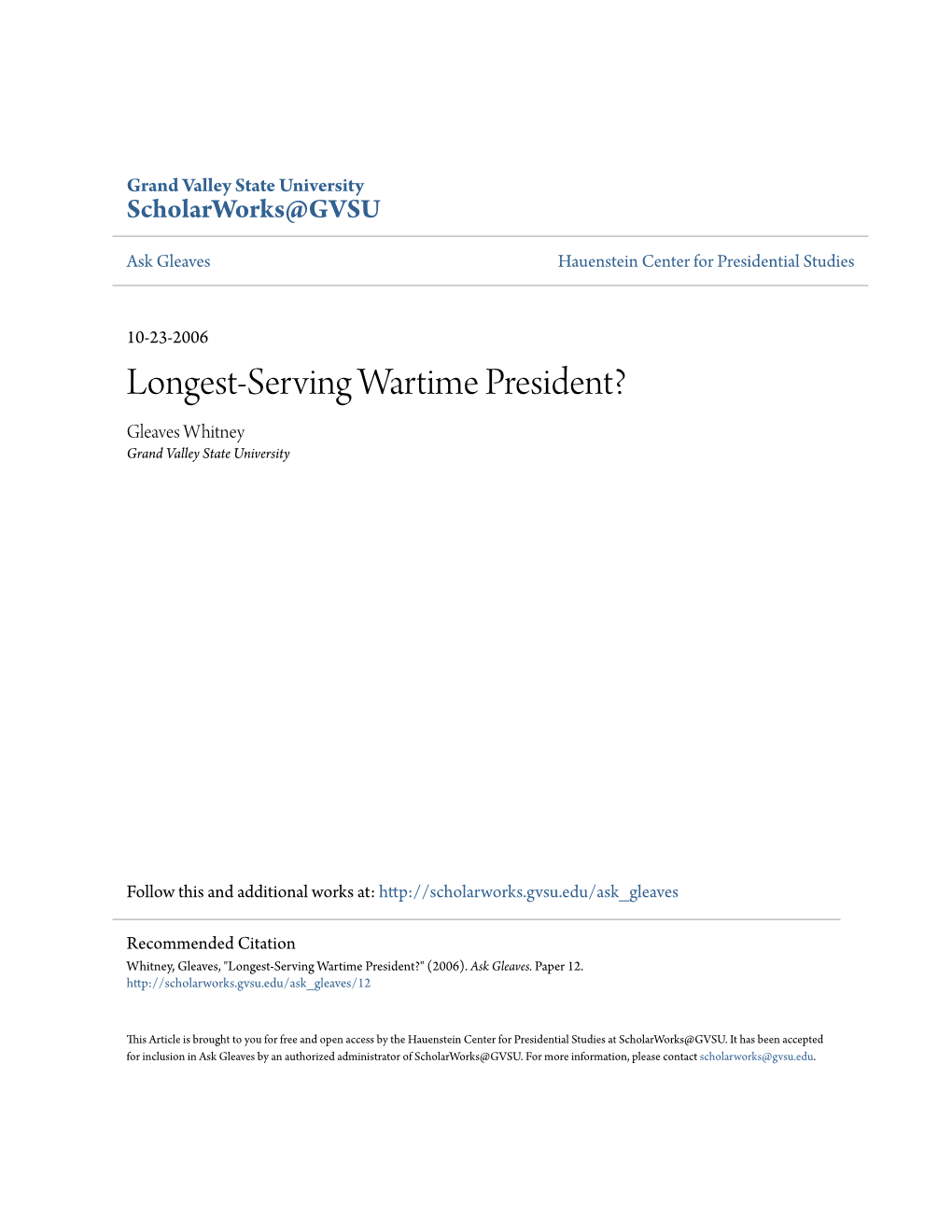 Longest-Serving Wartime President? Gleaves Whitney Grand Valley State University