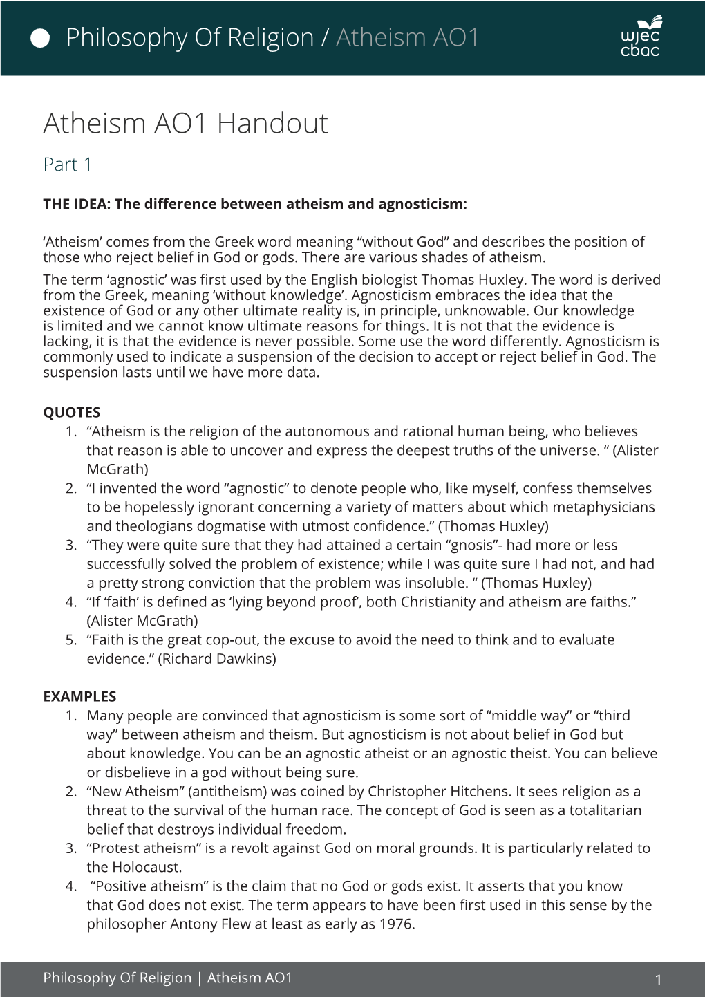 Atheism AO1 Handout Part 1