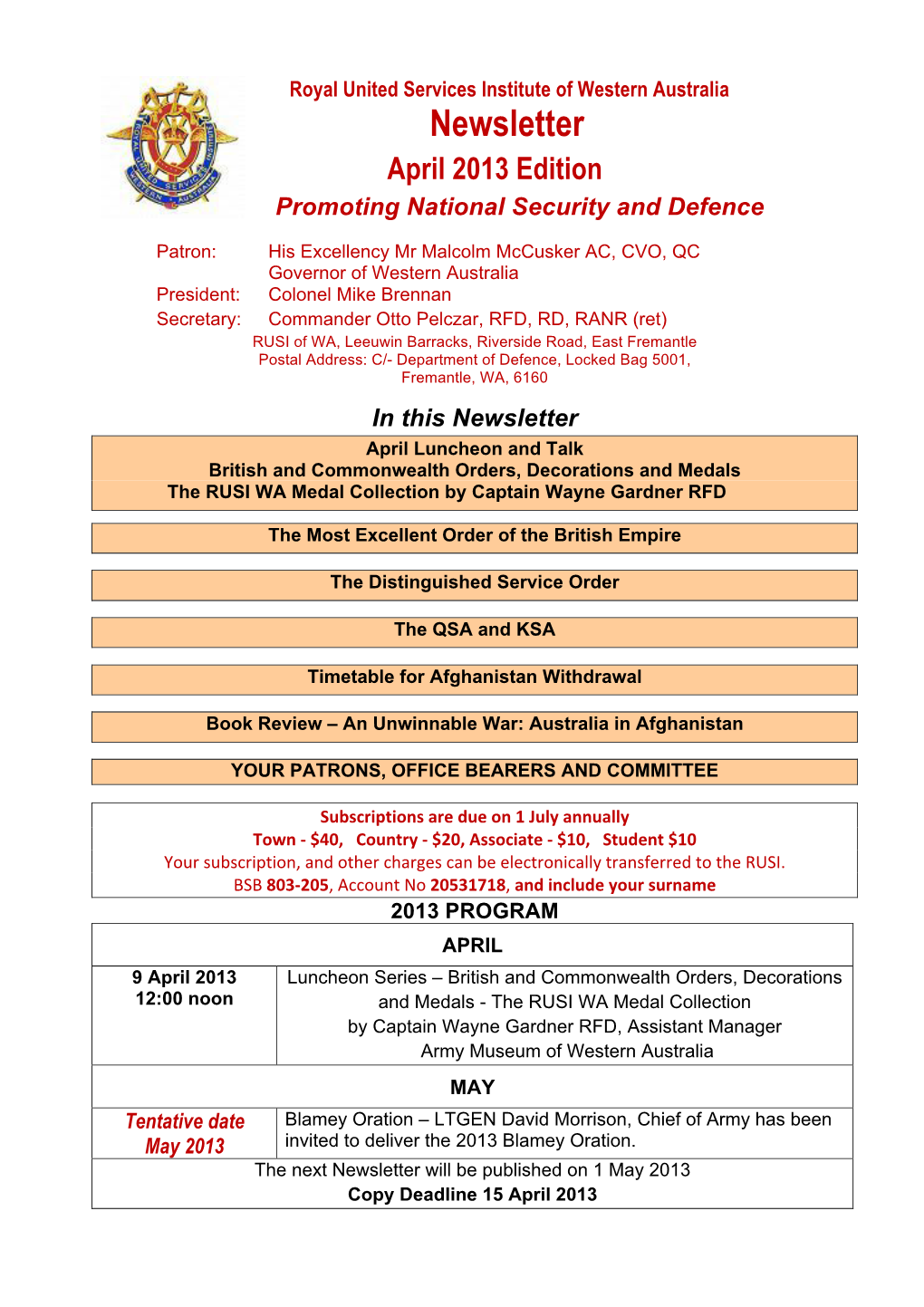 Newsletter April 2013 Edition Promoting National Security and Defence