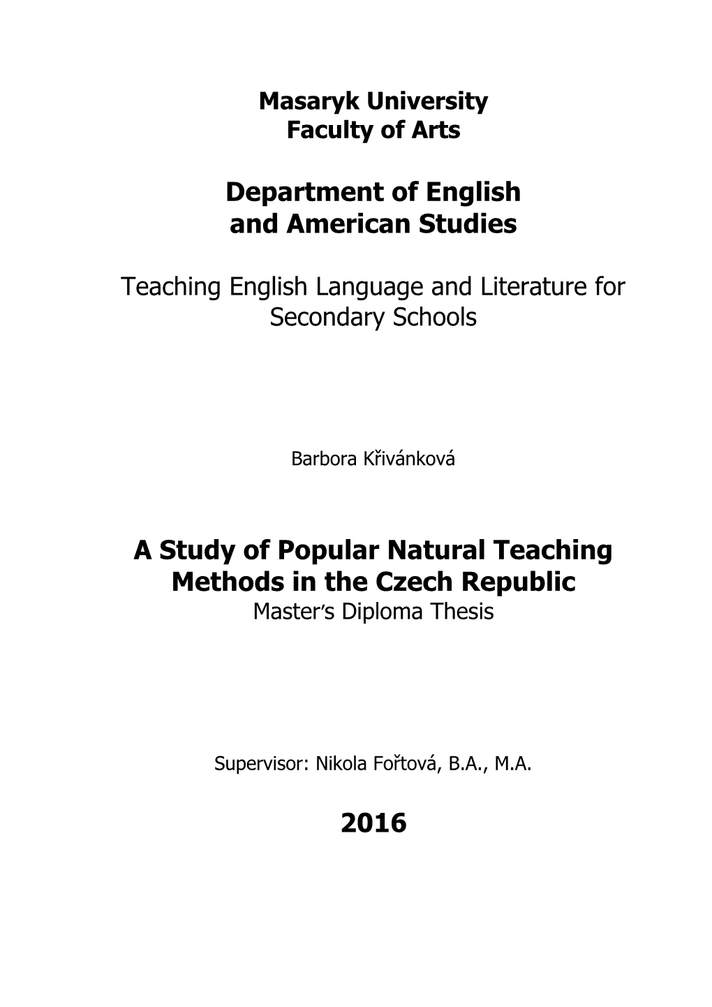Department of English and American Studies a Study of Popular Natural