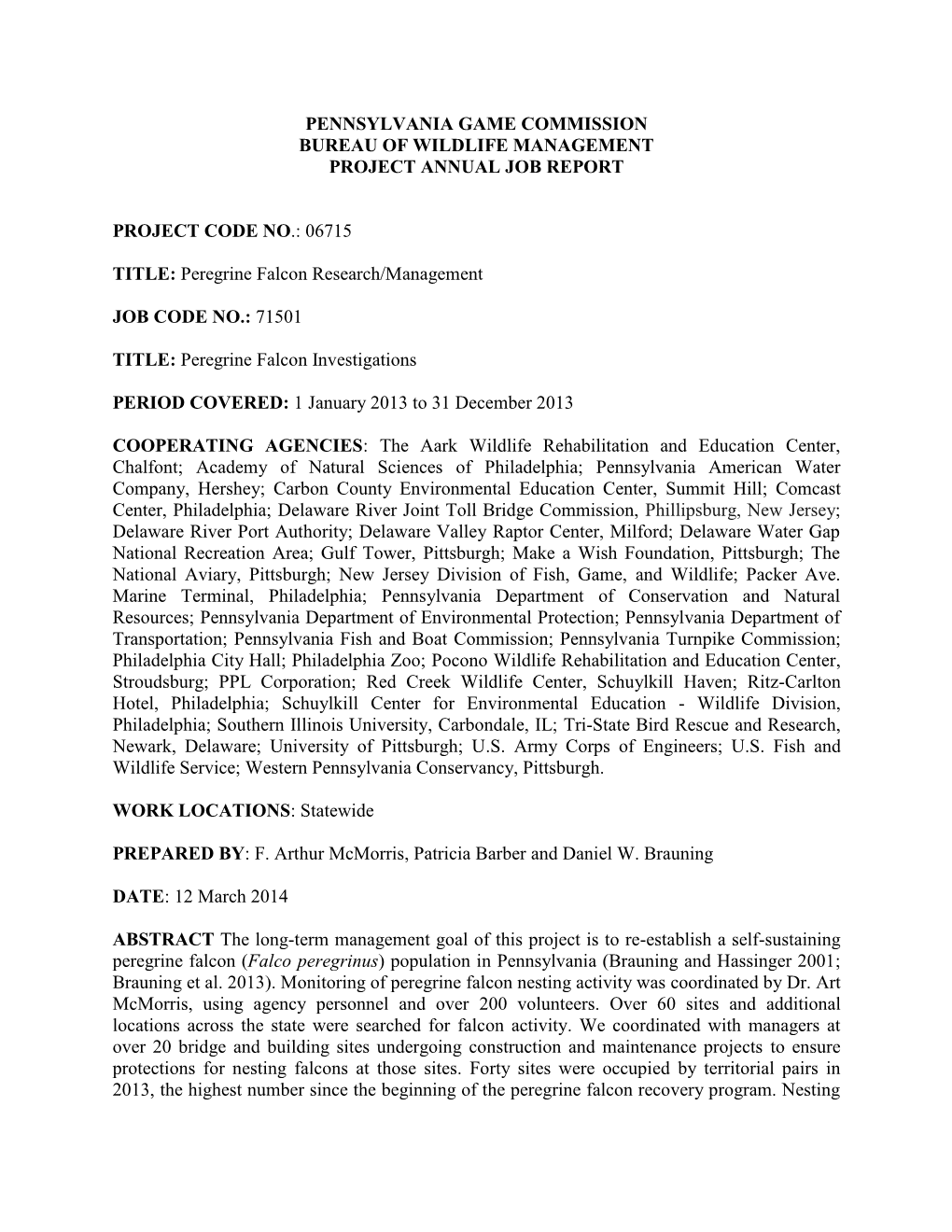 Peregrine Falcon Research/Management