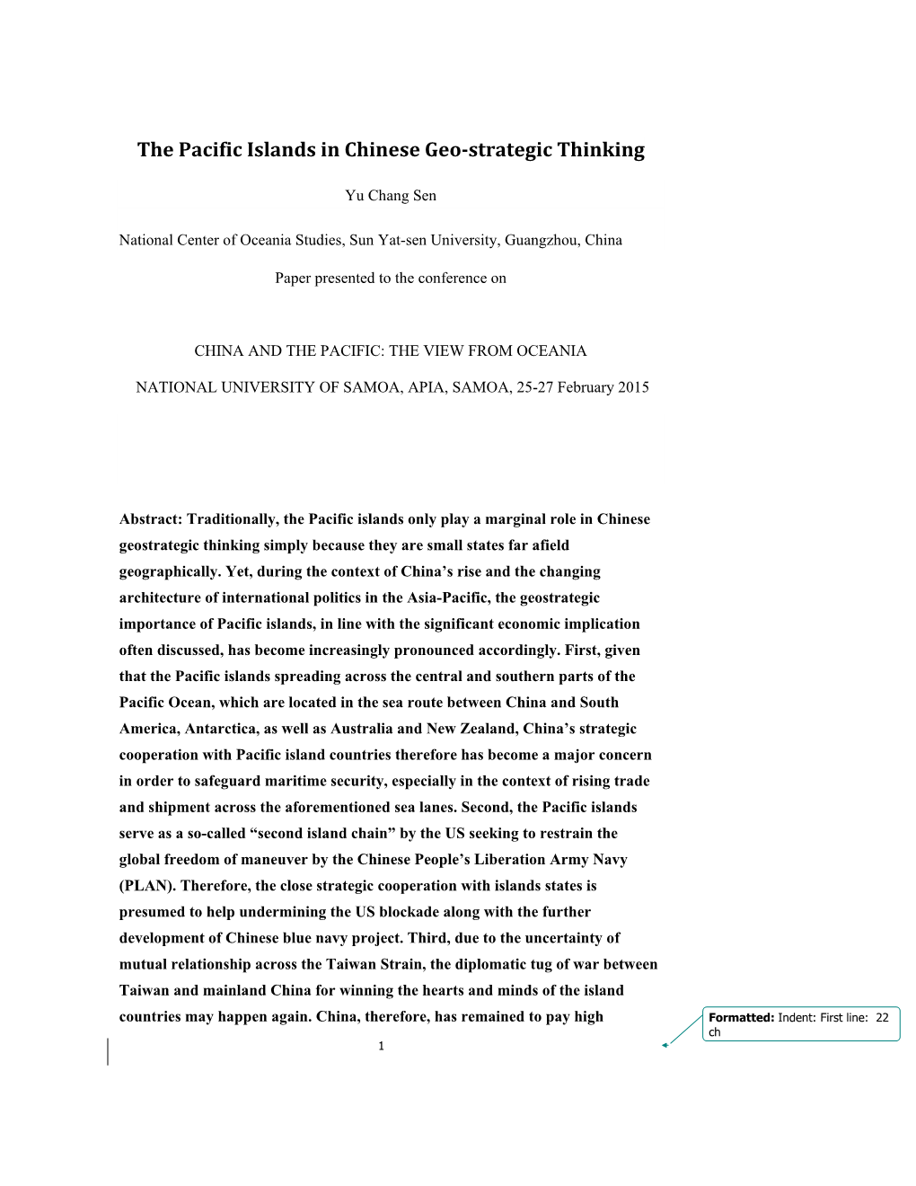 The Pacific Islands in Chinese Geo-Strategic Thinking