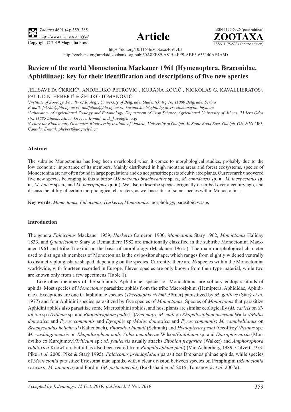 Review of the World Monoctonina Mackauer 1961 (Hymenoptera, Braconidae, Aphidiinae): Key for Their Identification and Descriptions of Five New Species