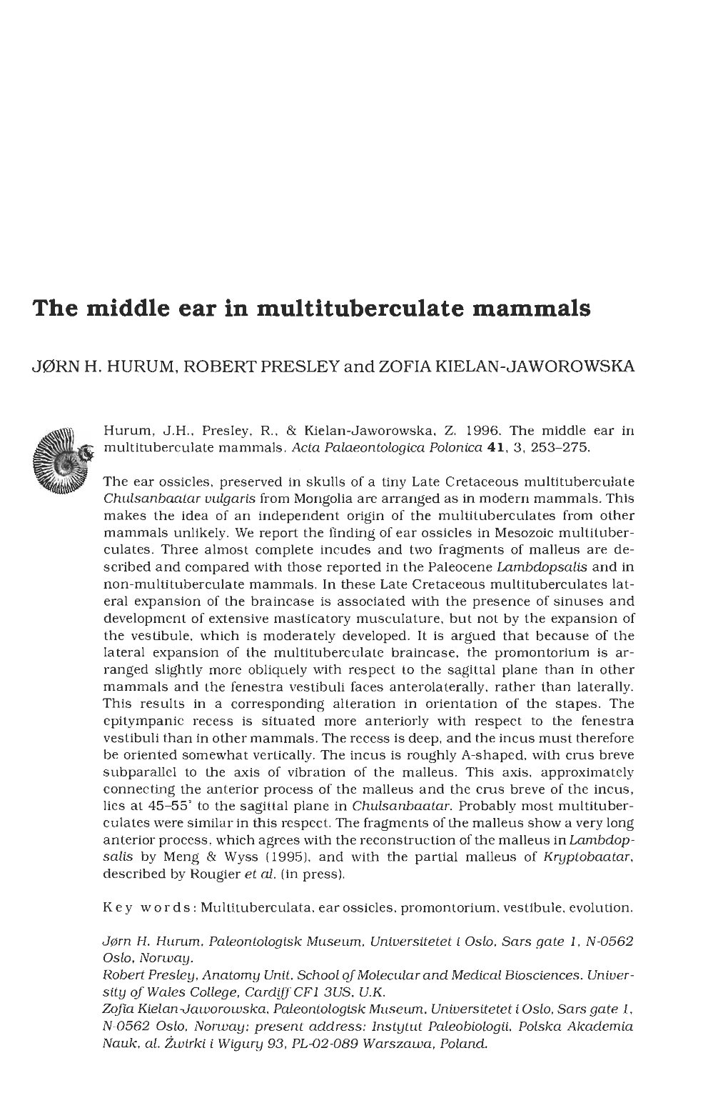 The Middle Ear in Multituberculate Mammals